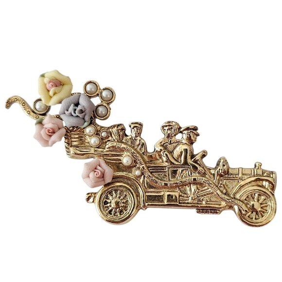 1928 Brand Porcelain Rose Car, Lady Passenger Driver Brooch Faux Pearl Pin - Picture 7 of 7
